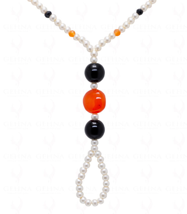 Pearl, Black Onyx & Carnelian Gemstone Bead Necklace - CN-1059