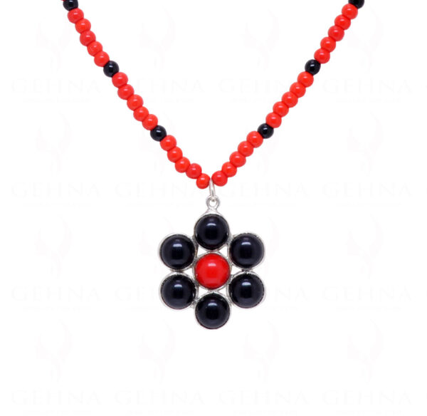 Necklace Of Coral & Spinel Stone Studded Pendant With Stylish Beads - CN-1069