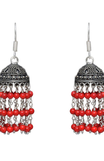 Gehna Jaipur Red Jasper Color Zircon Beads Jhumki Earring In Silver For Girls & Women GE03-1042