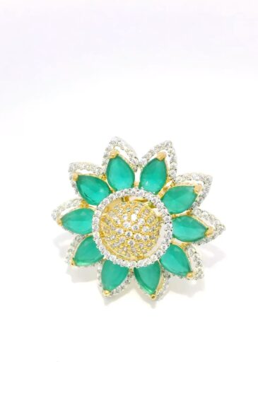 Gehna Jaipur Emerald Color Stone & Cubic Zirconia Studded Ring Adjustable Size For Girls & Women FR-1072