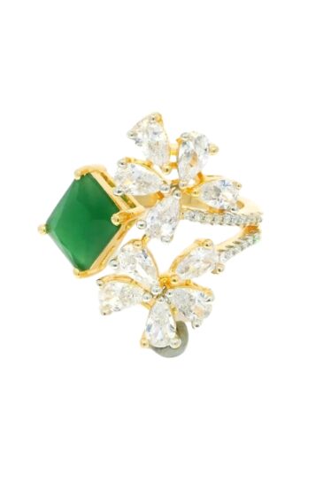 Gehna Jaipur Emerald Color Stone & Cubic Zirconia Studded Ring Adjustable Size For Girls & Women FR-1077