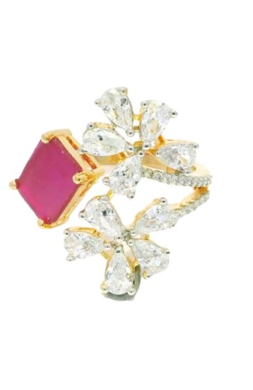 Gehna Jaipur Ruby Color Stone & Cubic Zirconia Studded Ring Adjustable Size For Girls & Women FR-1078