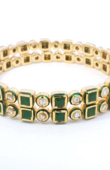 Gehna Jaipur Emerald & Cubic Zirconia Studded Gold Plated Bangles For Girls & Women FB-1084