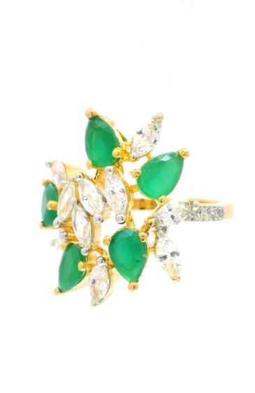 Gehna Jaipur Emerald Color Stone & Cubic Zirconia Studded Ring Adjustable Size For Girls & Women FR-1086