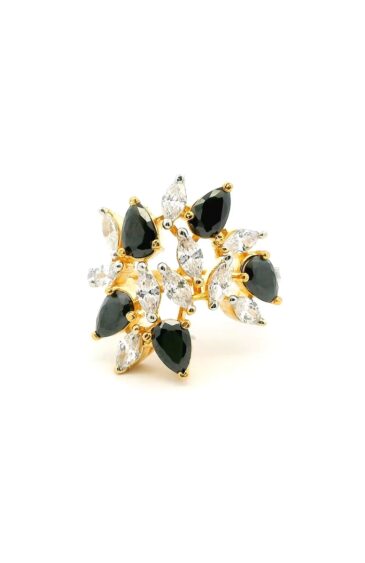 Gehna Jaipur Black Spinel Color Stone & Cubic Zirconia Studded Ring Adjustable Size For Girls & Women FR-1089