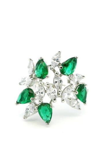 Gehna Jaipur Emerald Color Stone & Cubic Zirconia Studded Ring Adjustable Size For Girls & Women FR-1091