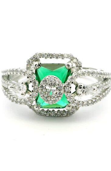 Gehna Jaipur Emerald Color Stone & Cubic Zirconia Studded Ring Adjustable Size For Girls & Women FR-1094