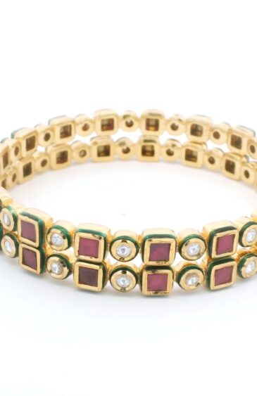 Gehna Jaipur Pink Tourmaline & Cubic Zirconia Studded Gold Plated Bangles For Girls & Women FB-1097