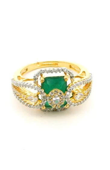 Gehna Jaipur Emerald Color Stone & Cubic Zirconia Studded Ring Adjustable Size For Girls & Women FR-1097