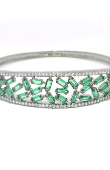 Gehna Jaipur emerald & cubic zirconia studded black polish silver plated bracelet For Girls & Women FB-1122