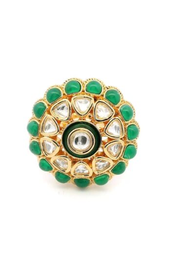 Gehna Jaipur Beautiful Emerald Color Stone & White Topaz Polki Studded Jadau Ring For Girls & Women FR-1126