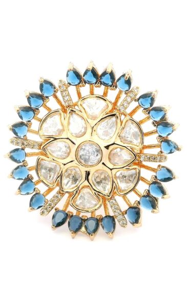 Gehna Jaipur Kyanite Color Stone & White Topaz Polki Studded Jadau Ring For Girls & Women FR-1128