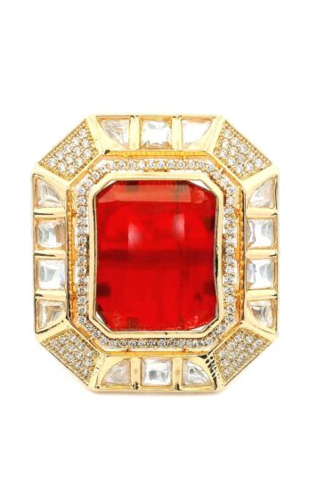 Gehna Jaipur Ruby Color Stone & White Topaz Polki Studded Jadau Ring For Girls & Women FR-1129