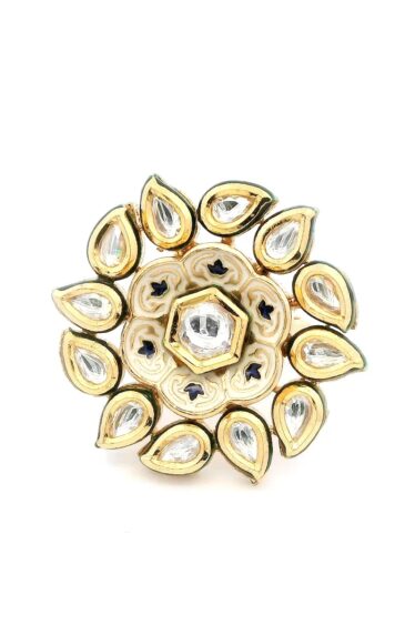 Gehna Jaipur Beautiful Handcrafted White Topaz Polki Studded Jadau Ring With Meena Kari Work For Girls & Women FR-1130