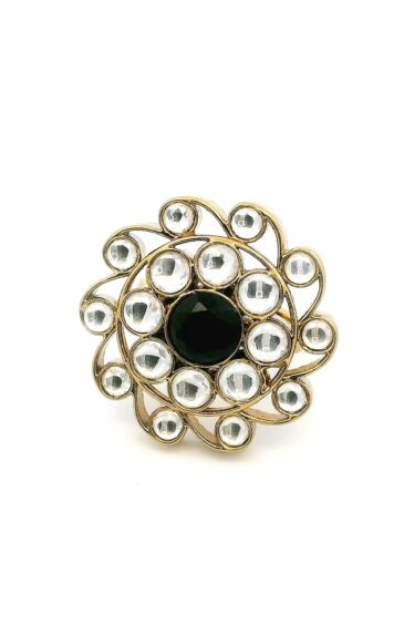 Gehna Jaipur Antique Finish Black Spinel Color Round Shape Stone Studded Jadau Ring For Girls & Women FR-1131