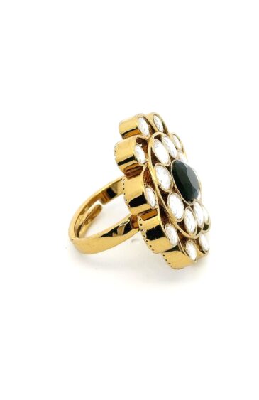 Gehna Jaipur Antique Finish Black Spinel Color Round Shape Stone Studded Jadau Ring For Girls & Women FR-1131