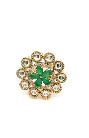 Gehna Jaipur Emerald Color Stone & White Topaz Polki Studded Jadau Ring For Girls & Women FR-1132