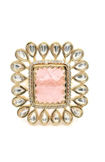 Gehna Jaipur Elegant Morganite Color Stone Carving & White Topaz Polki Studded Jadau Ring For Girls & Women FR-1134