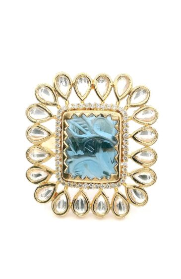 Gehna Jaipur Elegant Tanzanite Color Stone Carving & White Topaz Polki Studded Jadau Ring For Girls & Women FR-1135