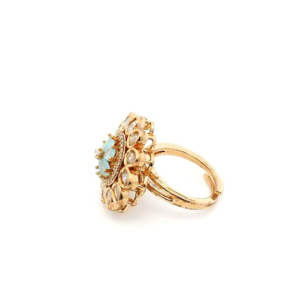 Gehna Jaipur Elegant Aquamarine Color Stone Carving & White Topaz Polki Studded Floral Theme Jadau Ring For Girls & Women FR-1136 - Image 5