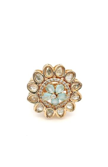 Gehna Jaipur Elegant Aquamarine Color Stone Carving & White Topaz Polki Studded Floral Theme Jadau Ring For Girls & Women FR-1136