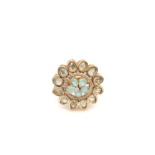 Gehna Jaipur Elegant Aquamarine Color Stone Carving & White Topaz Polki Studded Floral Theme Jadau Ring For Girls & Women FR-1136