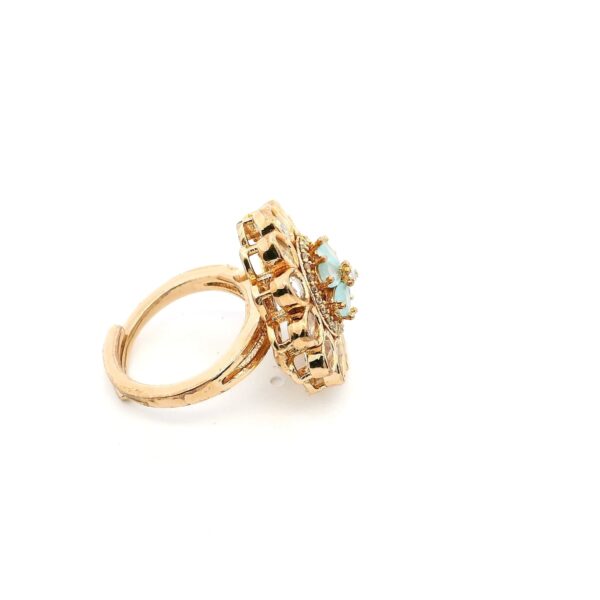 Gehna Jaipur Elegant Aquamarine Color Stone Carving & White Topaz Polki Studded Floral Theme Jadau Ring For Girls & Women FR-1136 - Image 2