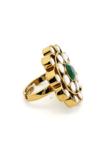 Gehna Jaipur Antique Finish Emerald Green Color Round Shape Stone Studded Jadau Ring For Girls & Women FR-1138