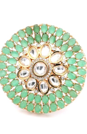 Gehna Jaipur Emerald Color Stone & White Topaz Polki Studded Floral Theme Jadau Ring For Girls & Women FR-1139