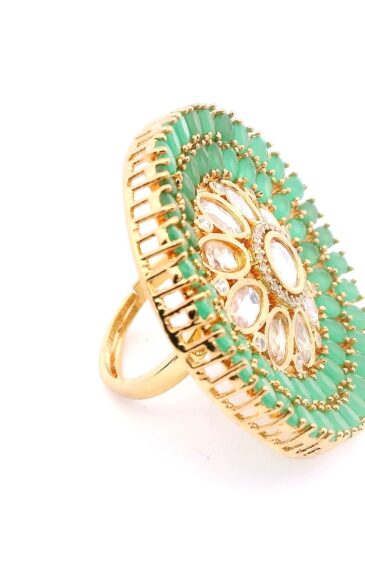 Gehna Jaipur Emerald Color Stone & White Topaz Polki Studded Floral Theme Jadau Ring For Girls & Women FR-1139