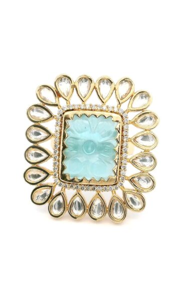 Gehna Jaipur Beautiful Aquamarine Color Round Shape Stone Studded Jadau Ring For Girls & Women FR-1140