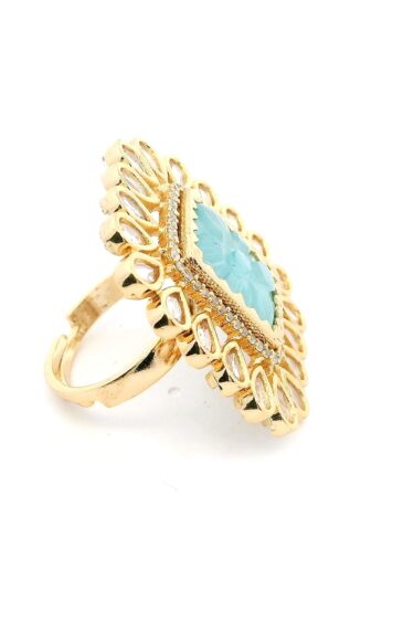 Gehna Jaipur Beautiful Aquamarine Color Round Shape Stone Studded Jadau Ring For Girls & Women FR-1140