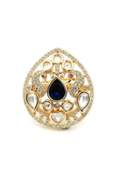 Gehna Jaipur Blue Sapphire Color Pear Shape Stone Studded Jadau Ring For Girls & Women FR-1141