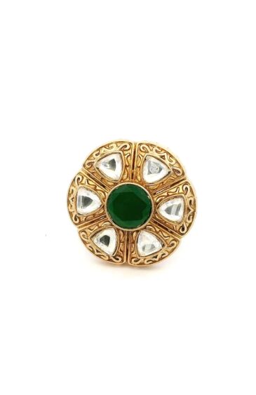 Gehna Jaipur Elegant Emerald Green Color Stone & White Topaz Polki Studded Jadau Ring For Girls & Women FR-1142