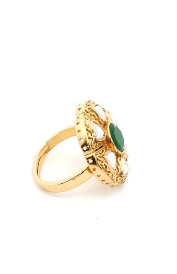 Gehna Jaipur Elegant Emerald Green Color Stone & White Topaz Polki Studded Jadau Ring For Girls & Women FR-1142