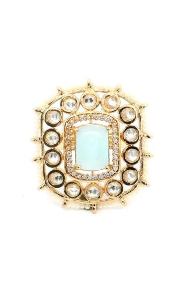 Gehna Jaipur Ocean Blue Color Aquamarine & White Topaz Polki Studded Jadau Ring For Girls & Women FR-1144