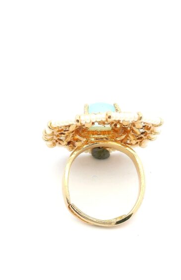 Gehna Jaipur Ocean Blue Color Aquamarine & White Topaz Polki Studded Jadau Ring For Girls & Women FR-1144