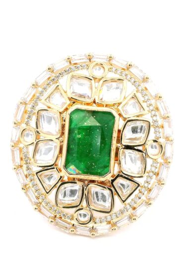 Gehna Jaipur Elegant Emerald Green Color Stone & White Topaz Polki Studded Jadau Ring For Girls & Women FR-1145