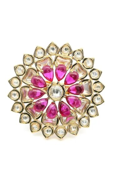 Gehna Jaipur Beautiful Ruby Color Stone & White Topaz Polki Studded Jadau Ring For Girls & Women FR-1146