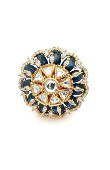 Gehna Jaipur Blue Sapphire Color Stone & White Topaz Polki Studded Jadau Ring For Girls & Women FR-1147