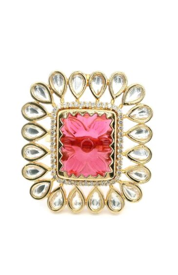 Gehna Jaipur Elegant Pink Tourmaline Color Stone Carving & White Topaz Polki Studded Jadau Ring For Girls & Women FR-1148