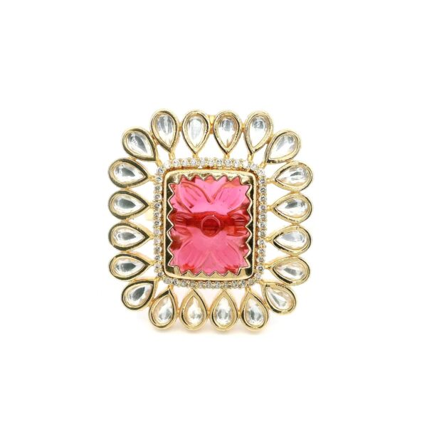Gehna Jaipur Elegant Pink Tourmaline Color Stone Carving & White Topaz Polki Studded Jadau Ring For Girls & Women FR-1148