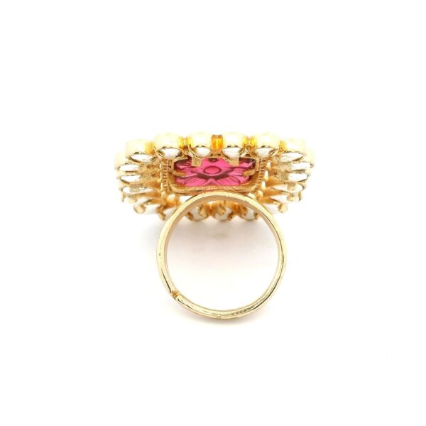 Gehna Jaipur Elegant Pink Tourmaline Color Stone Carving & White Topaz Polki Studded Jadau Ring For Girls & Women FR-1148 - Image 3