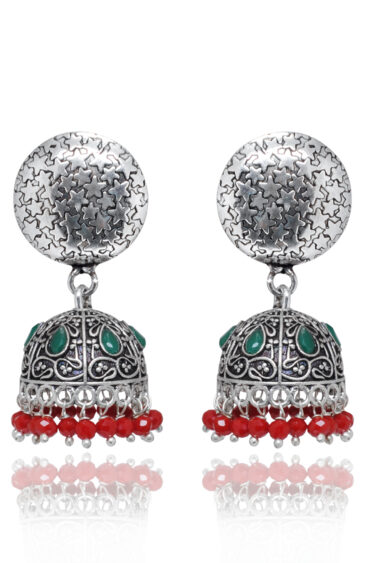 Gehna Jaipur Ruby Color Zircon Bead & Emerald Jhumki Earrings For Girls & Women GE03-1181