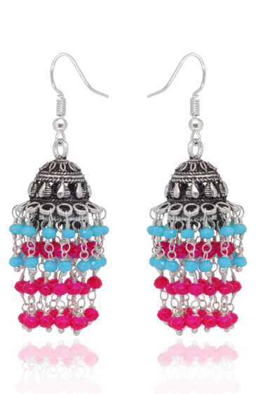 Gehna Jaipur Turquoise & Pink Color Zircon Beads Jhumki Earrings For Girls & Women GE03-1208