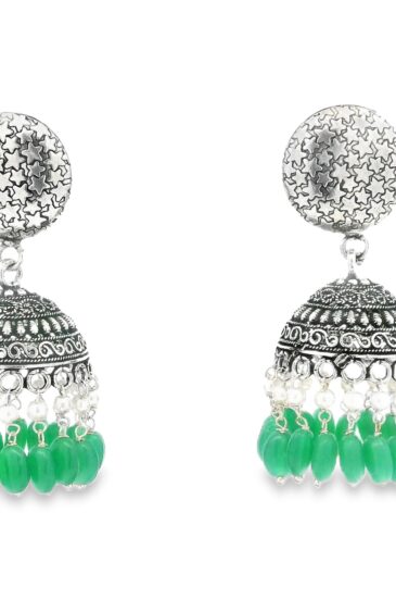 Gehna Jaipur Pearl & Emerald Color Stone Jhumki Style Earrings Silver Plated For Girls & Women GE03-1247