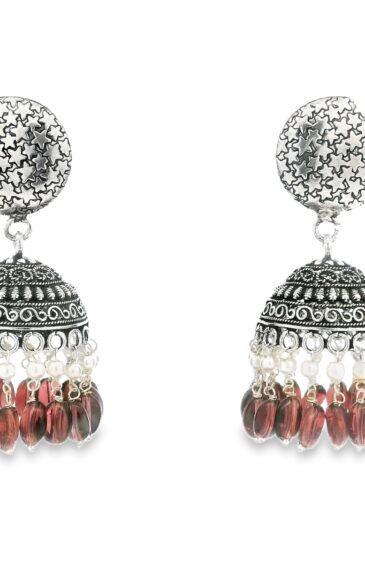 Gehna Jaipur Pearl & Garnet Color Stone Jhumki Style Earrings Silver Plated  For Girls & Women GE03-1248