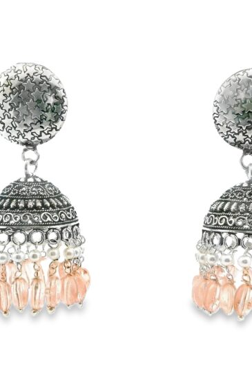 Gehna Jaipur Pearl & Morganite Color Stone Jhumki Style Earrings Silver Plated  For Girls & Women GE03-1250