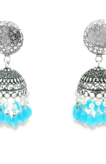 Gehna Jaipur Pearl & Blue Chalcedony Color Stone Jhumki Style Earrings Silver Plated  For Girls & Women GE03-1251