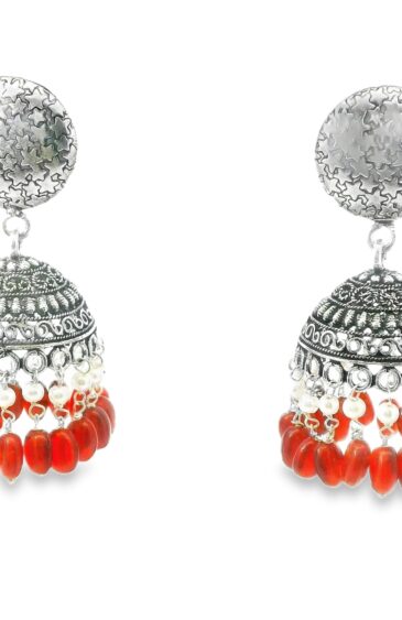 Gehna Jaipur Pearl & Red Onyx Color Stone Jhumki Style Earrings Silver Plated  For Girls & Women GE03-1252